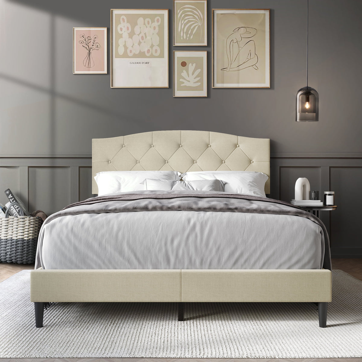 Beige Linen Upholstered Platform Bed R227