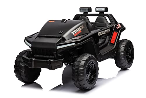 24V Electric Kid Car, 2-Seater Leather Seat Ride on Truck with Bluetooth Music USB, 4-wheel Shock Absorb (Black) X204