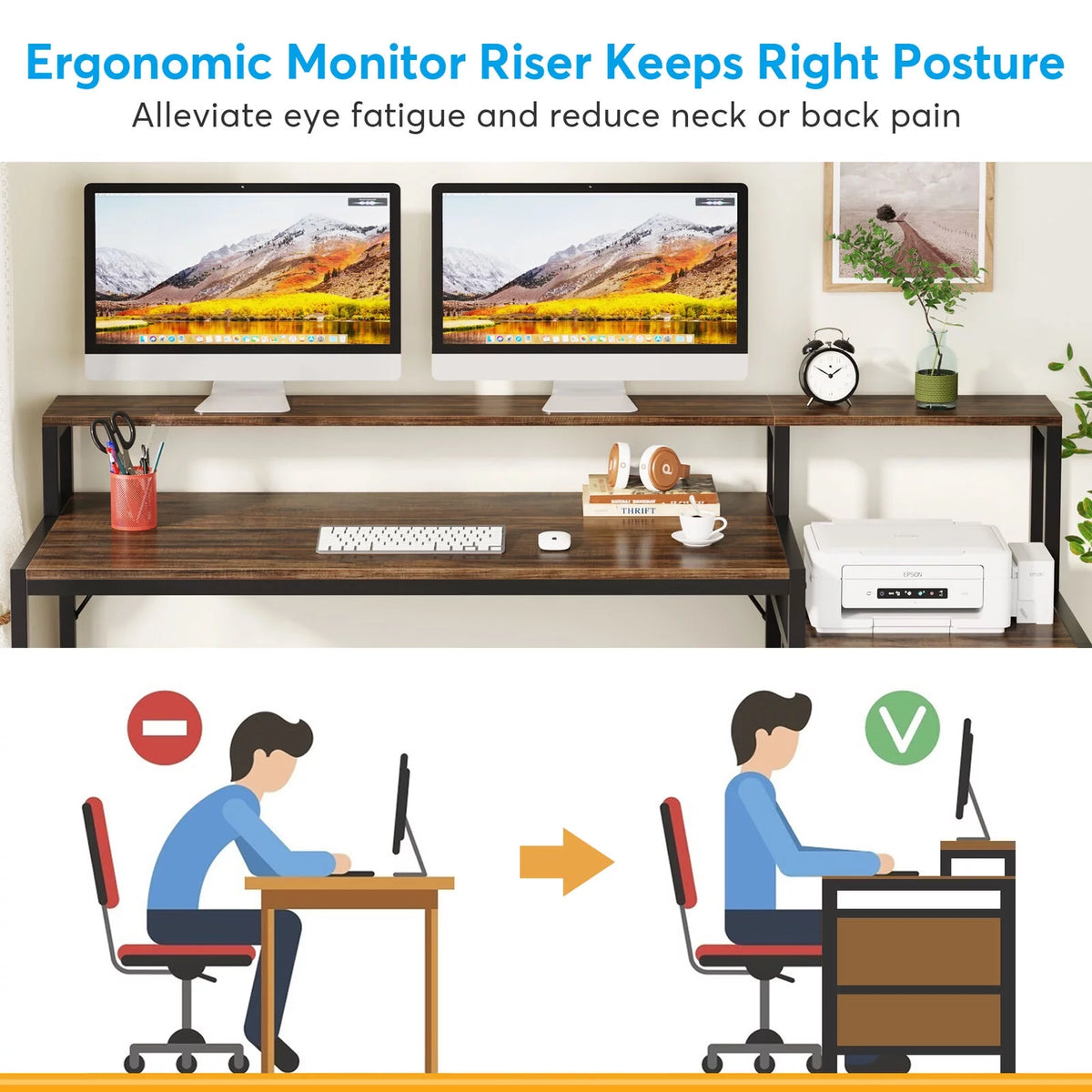 63" Ergonomic Computer Desk with Monitor Stand and Drawers, Rustic Brown V2482