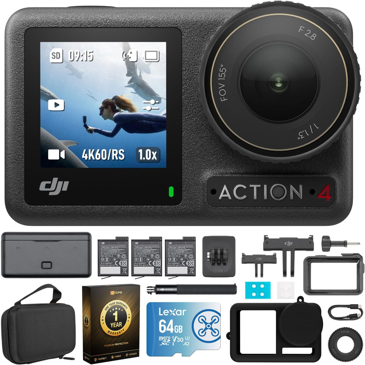 4K Waterproof Action Camera with Battery Case and 64GB Memory Card N4022