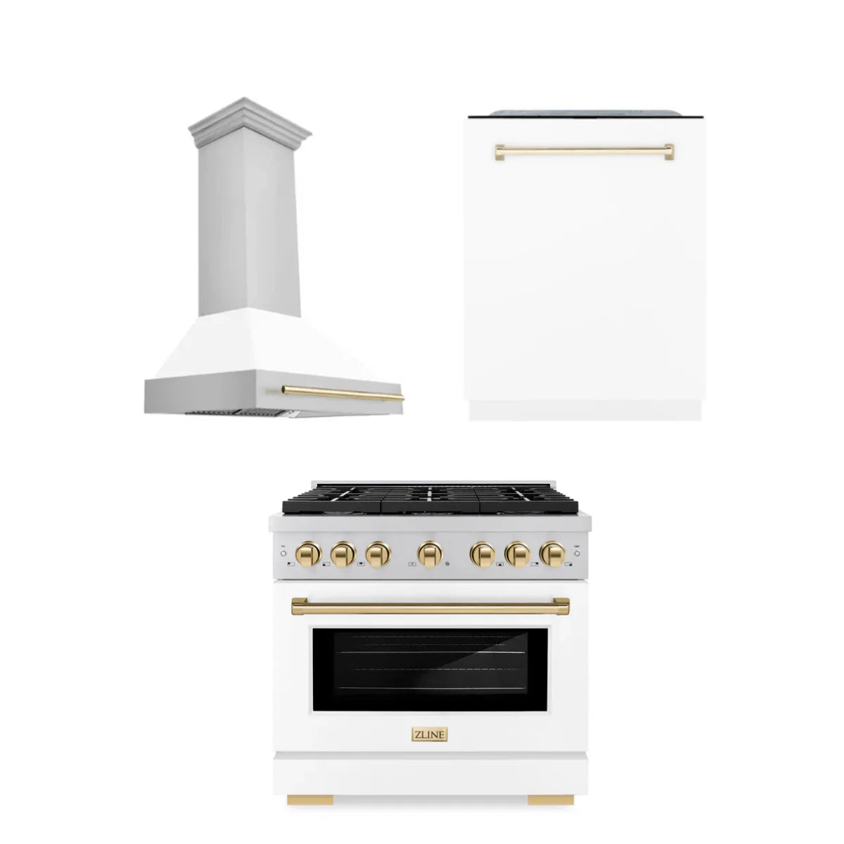 36 In. Gas Range, Range Hood, Dishwasher in White with Gold Accents Y39589