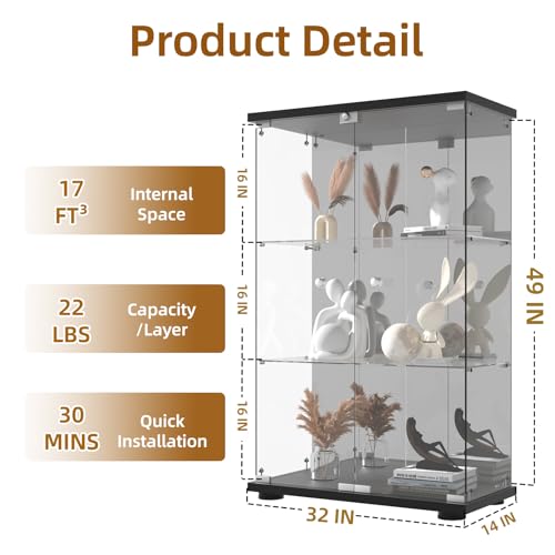 Black 4-Shelf 3 Doors Tempered Glass Display Cabinet W500