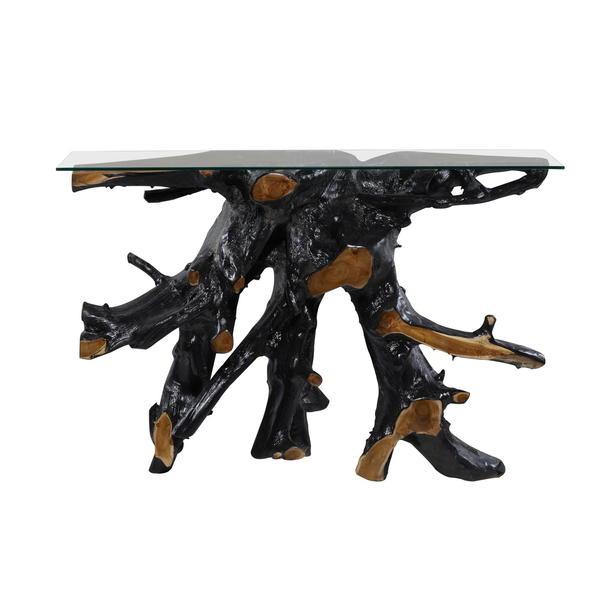 Black Teak Wood Console Table with Clear Glass Top U846675