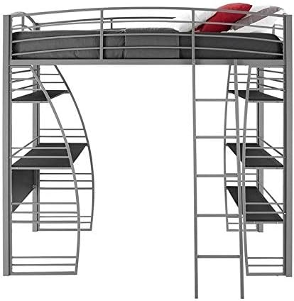 Gray Metal Twin Loft Bed with Desk and Bookcase W57266