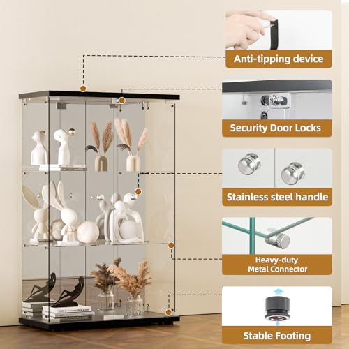 Black 4-Shelf 3 Doors Tempered Glass Display Cabinet W500