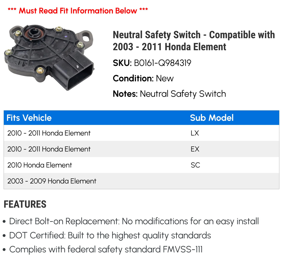Neutral Safety Switch D9184