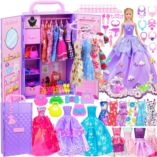 108 Pcs Doll Clothes and Accessories with Purple Doll Closet for 11.5 Inch Doll Q785064