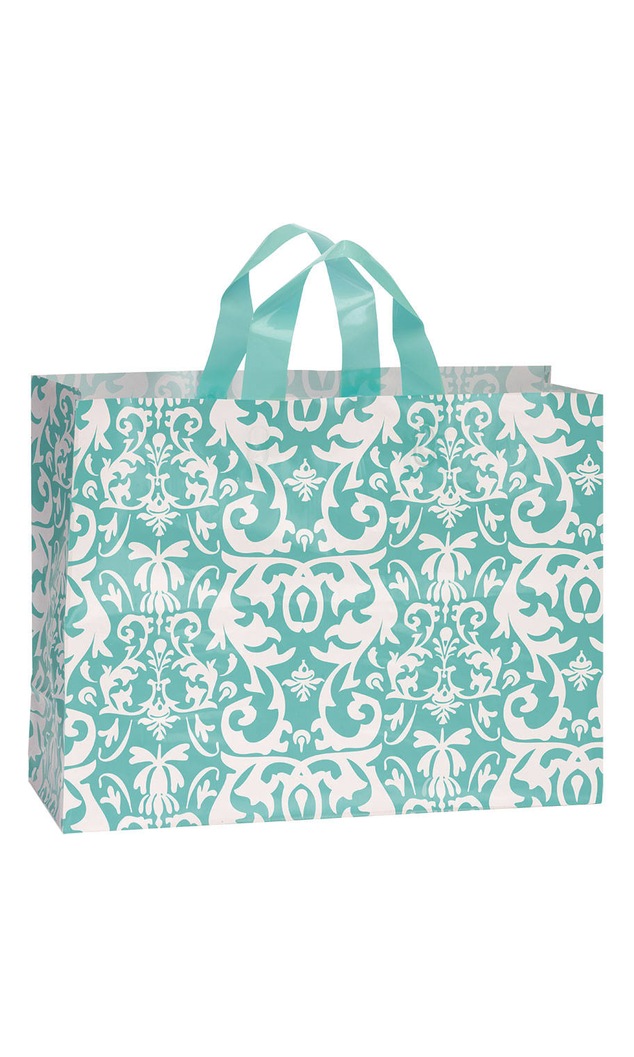Large Aqua Damask Frosted Plastic Shopping Bags - 16 inch x 6 inch x 12 inch - Case of 100, Blue U220