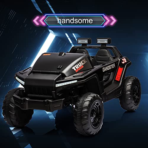 24V Electric Kid Car, 2-Seater Leather Seat Ride on Truck with Bluetooth Music USB, 4-wheel Shock Absorb (Black) X204