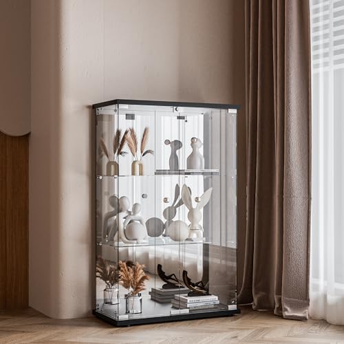 Black 4-Shelf 3 Doors Tempered Glass Display Cabinet W500