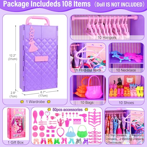 108 Pcs Doll Clothes and Accessories with Purple Doll Closet for 11.5 Inch Doll Q785064