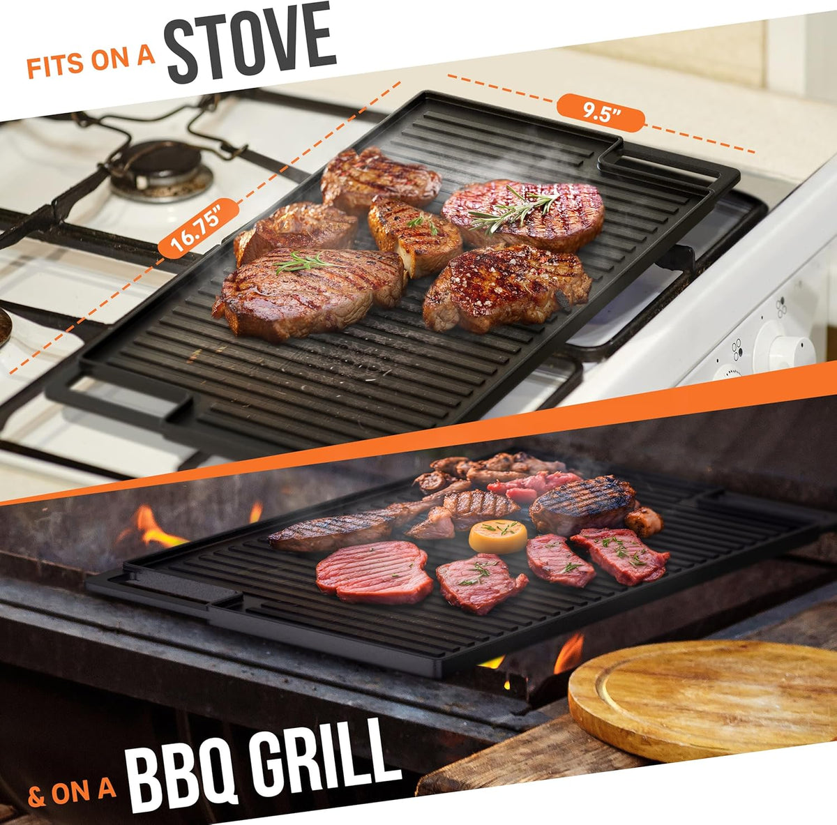 Pre-Seasoned Non-Stick Reversible Cast Iron Griddle (16.75" X 9.5") R1952