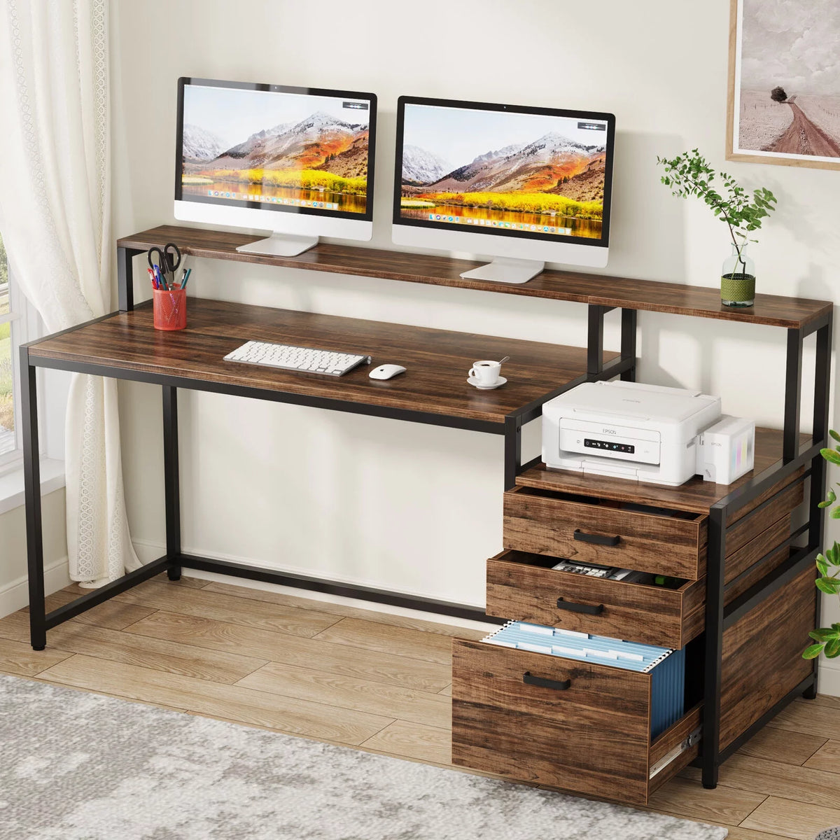 63" Ergonomic Computer Desk with Monitor Stand and Drawers, Rustic Brown V2482
