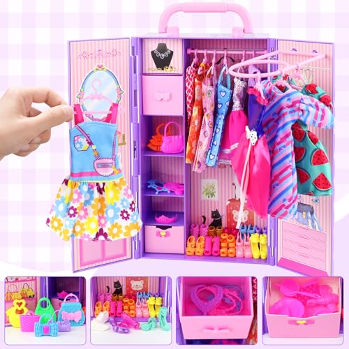 108 Pcs Doll Clothes and Accessories with Purple Doll Closet for 11.5 Inch Doll Q785064