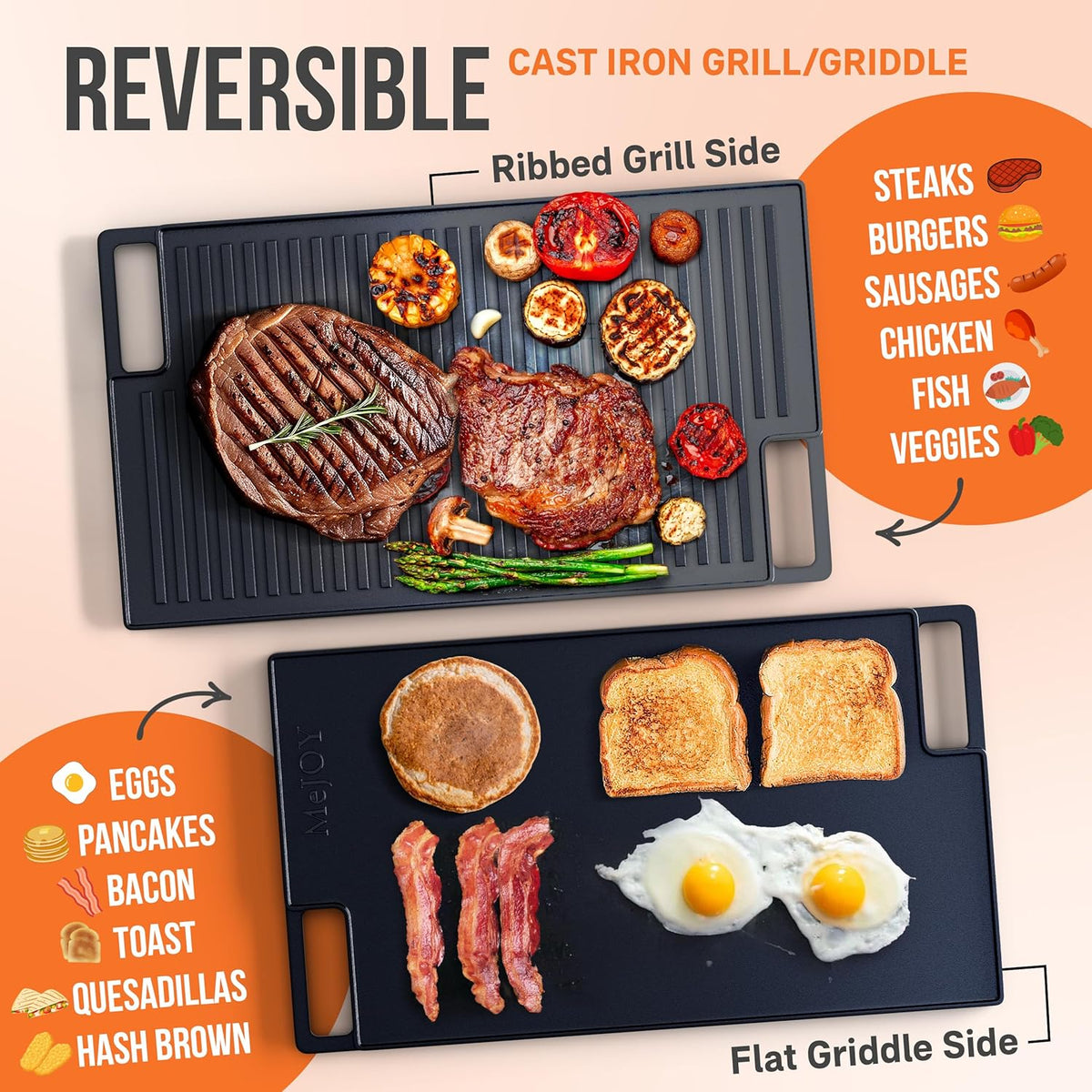 Pre-Seasoned Non-Stick Reversible Cast Iron Griddle (16.75" X 9.5") R1952