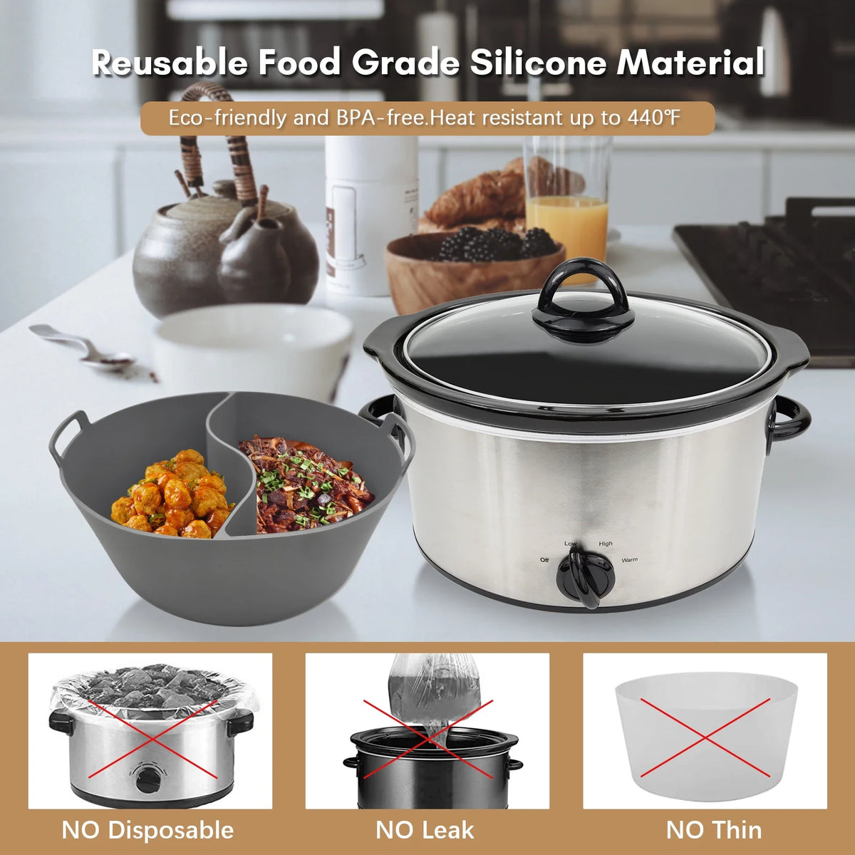 Slow Cooker Liners, Silicone, Reusable, Leakproof, Dishwasher Safe, 2pcs S1349