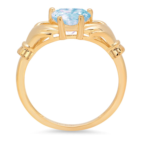 1.06ct Heart Cut Natural Sky Blue Topaz 14k Yellow Gold Claddagh Ring Size 7.25 D804