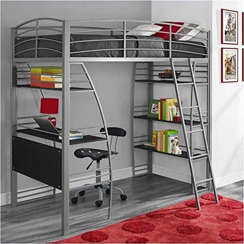 Gray Metal Twin Loft Bed with Desk and Bookcase W57266