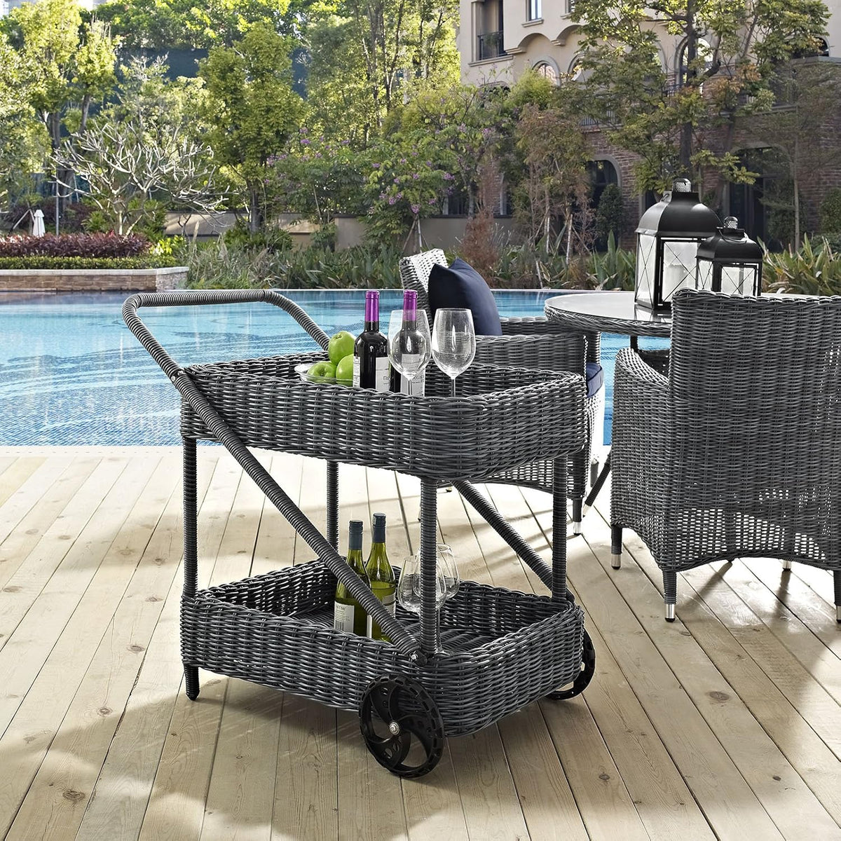 Gray Wicker Rattan Outdoor Beverage Bar Cart T5040