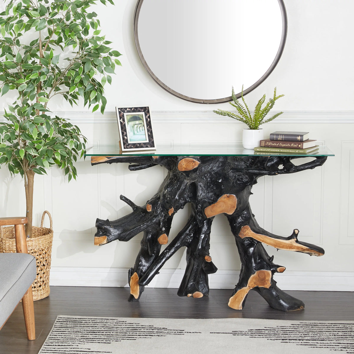 Black Teak Wood Console Table with Clear Glass Top U846675