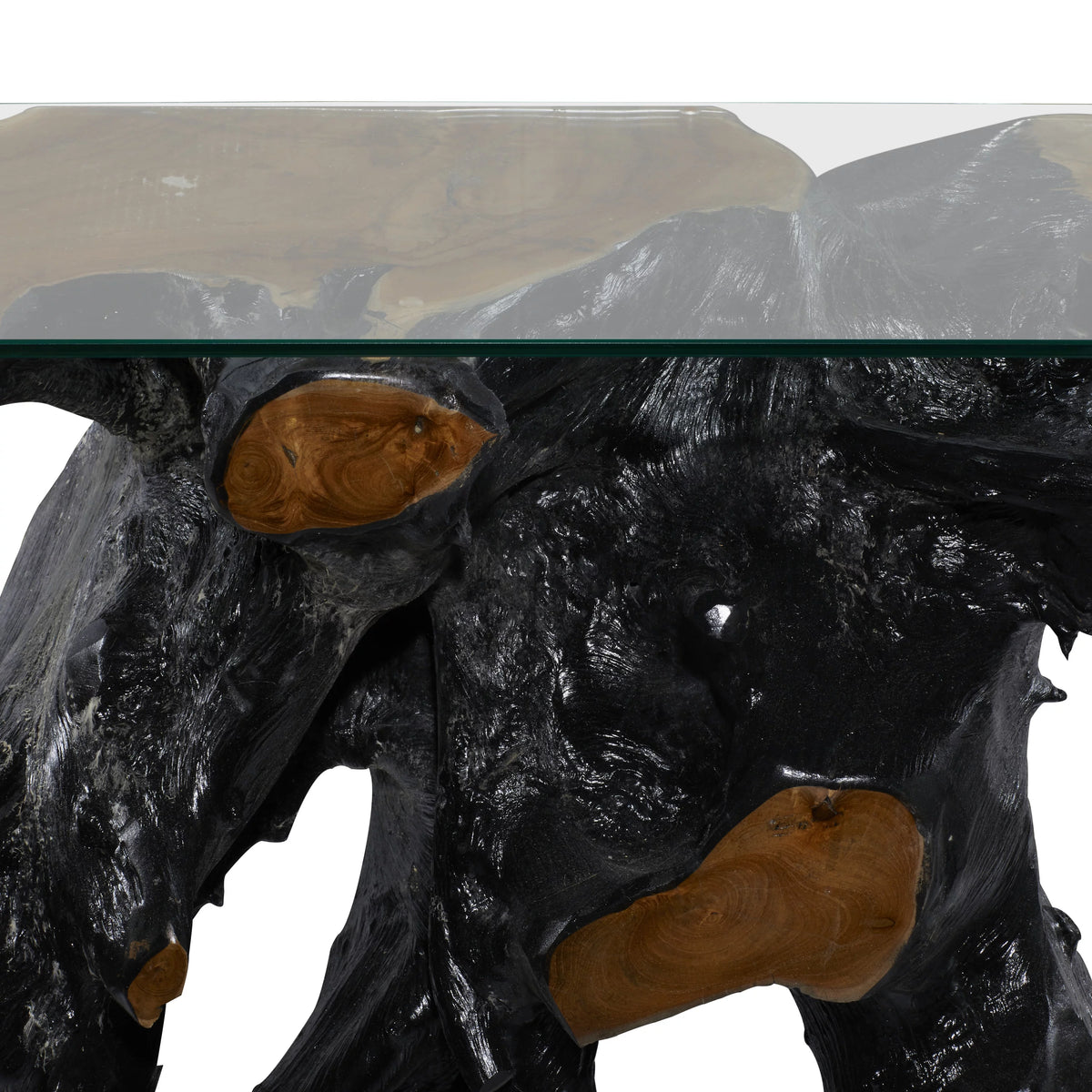 Black Teak Wood Console Table with Clear Glass Top U846675