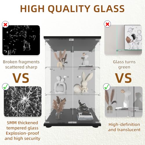 Black 4-Shelf 3 Doors Tempered Glass Display Cabinet W500