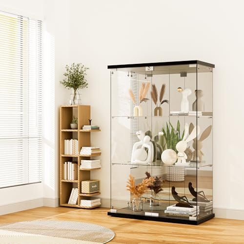 Black 4-Shelf 3 Doors Tempered Glass Display Cabinet W500