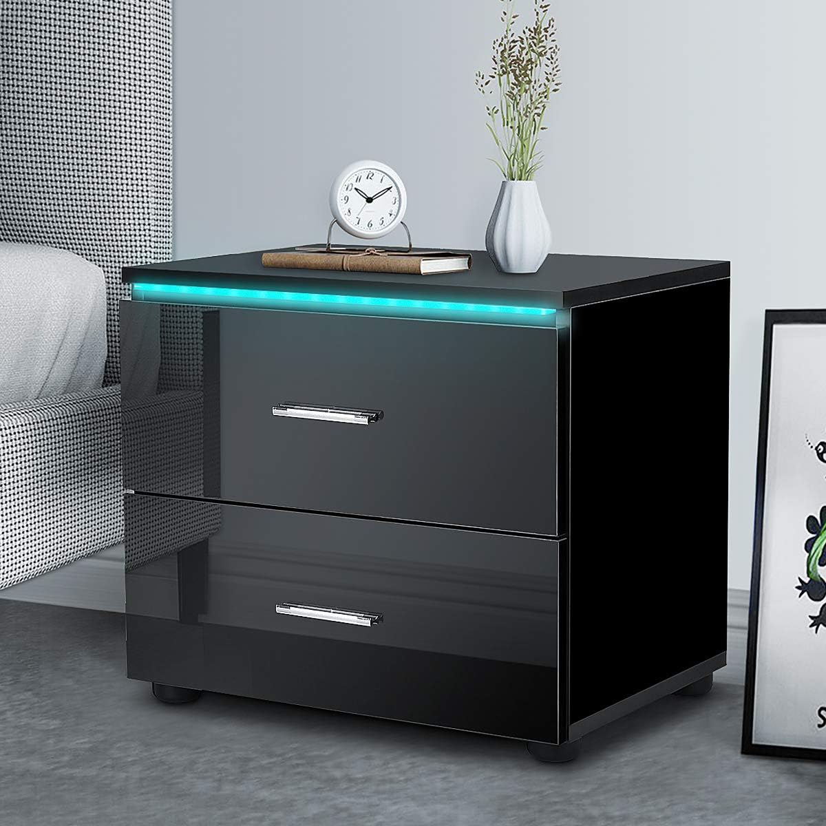 Black 2 Drawer LED Nightstand H986