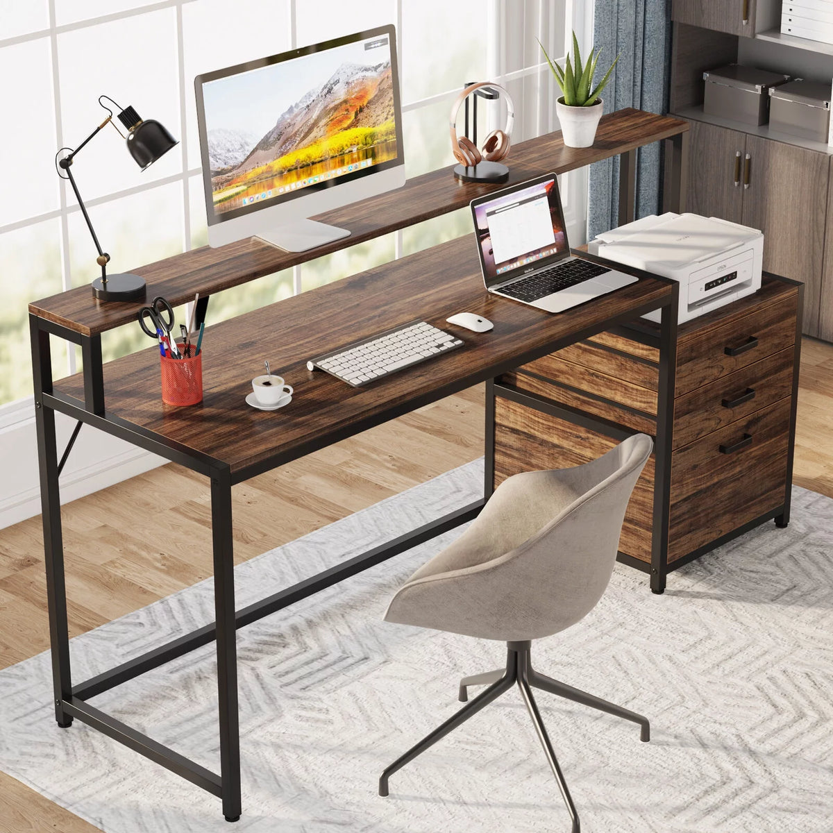 63" Ergonomic Computer Desk with Monitor Stand and Drawers, Rustic Brown V2482