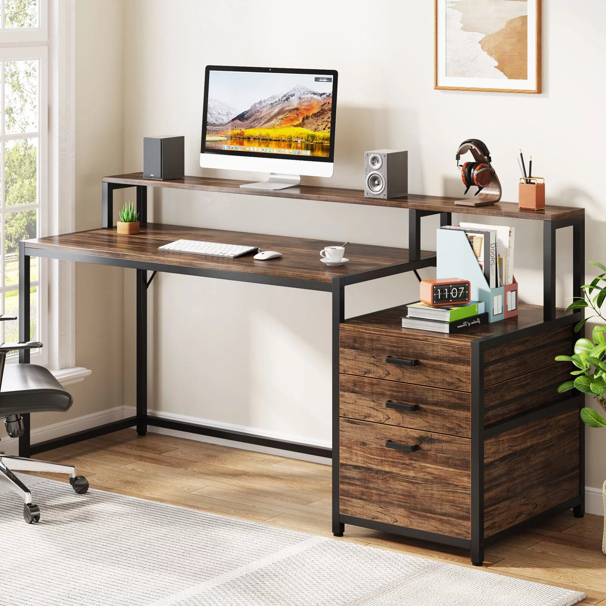 63" Ergonomic Computer Desk with Monitor Stand and Drawers, Rustic Brown V2482