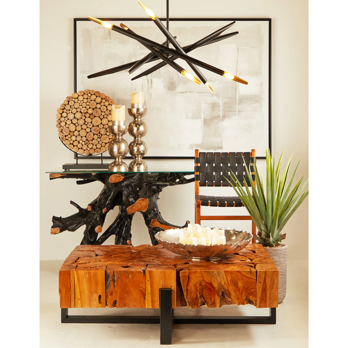 Black Teak Wood Console Table with Clear Glass Top U846675