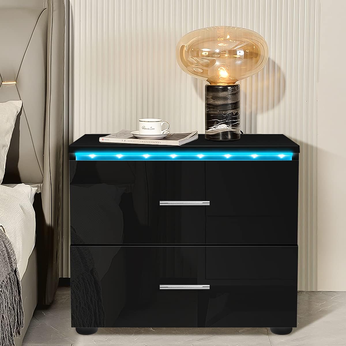 Black 2 Drawer LED Nightstand H986