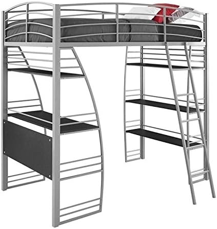 Gray Metal Twin Loft Bed with Desk and Bookcase W57266