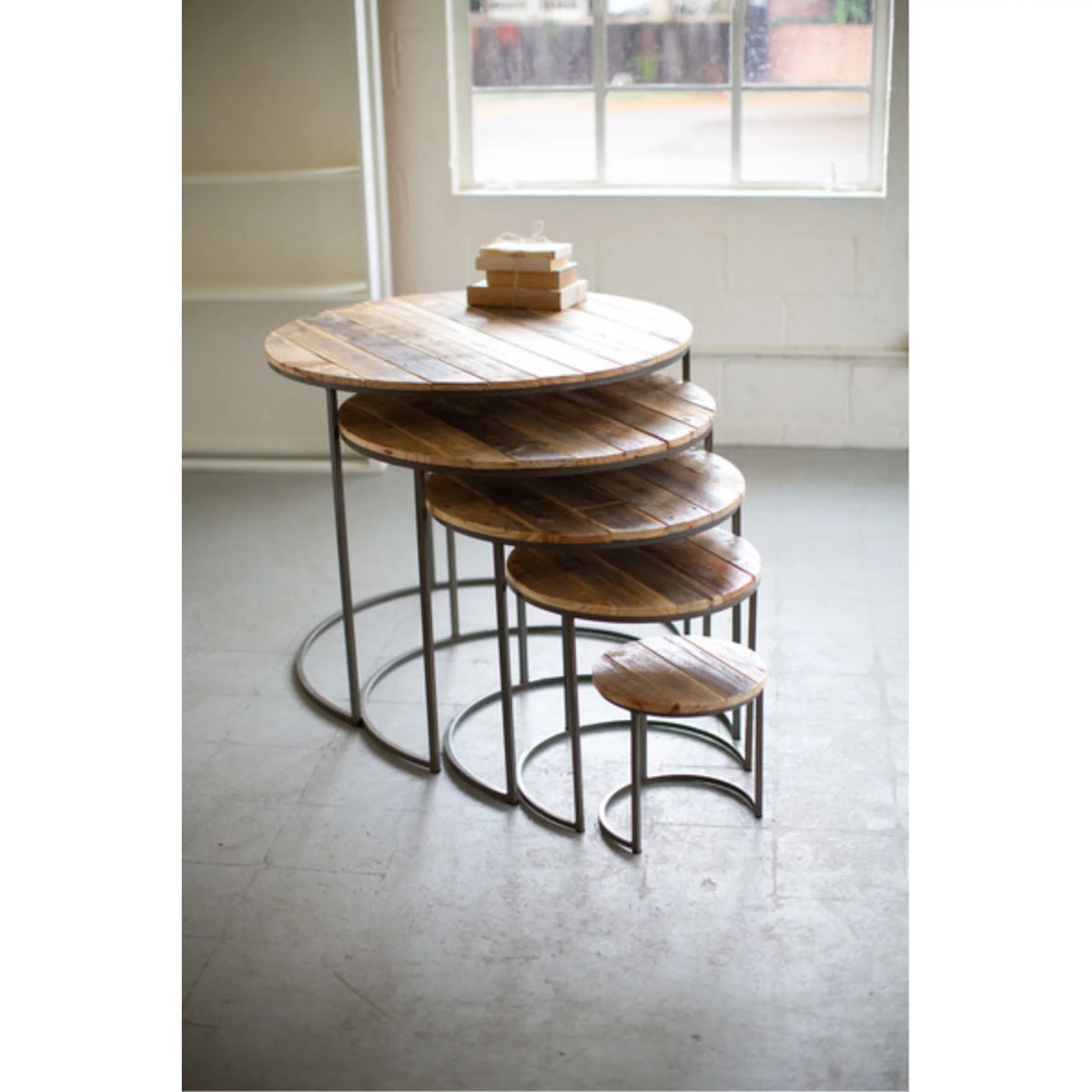 Recycled Wood and Iron Round Display Tables Set of 5 U77663