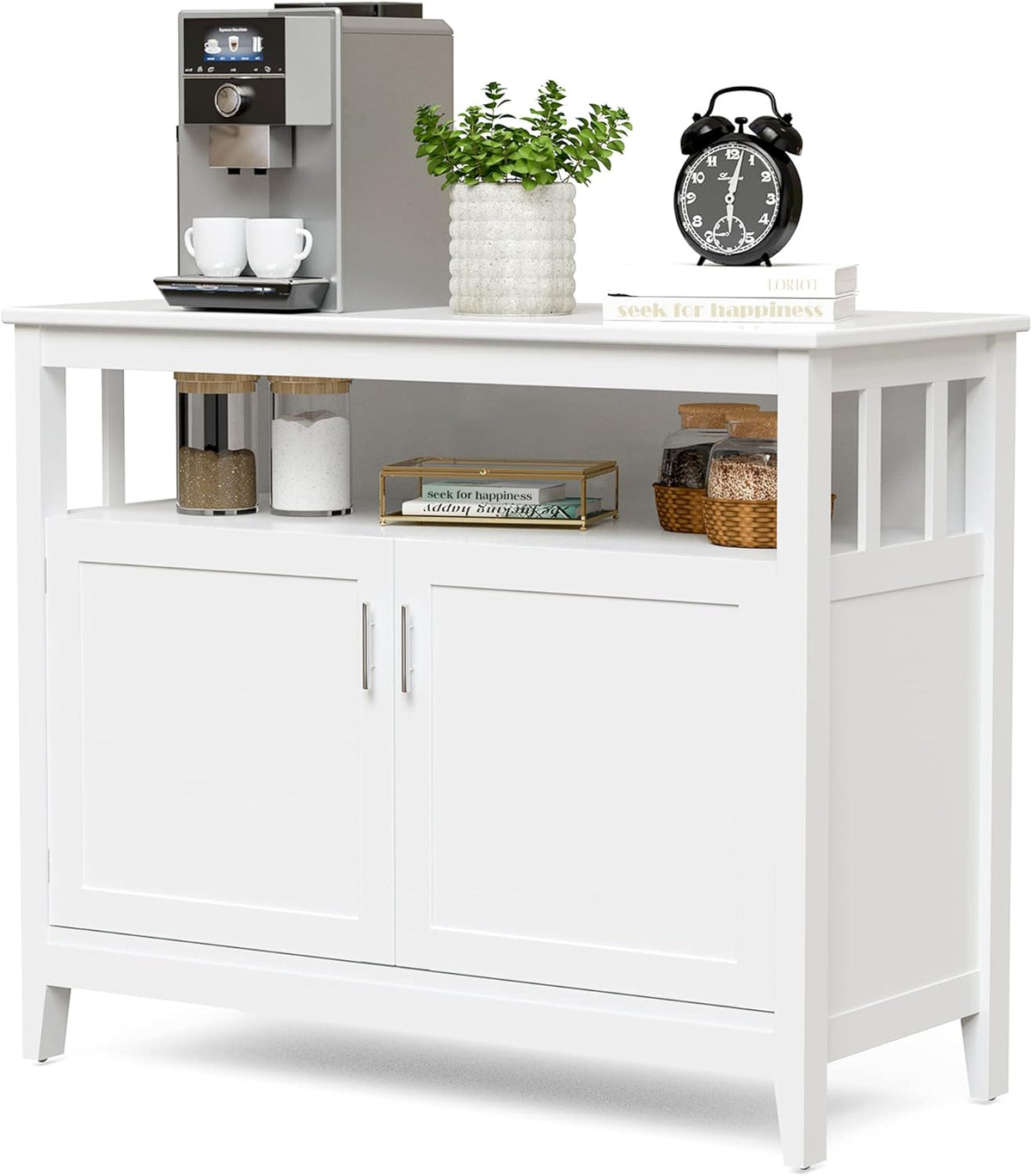 White Buffet Cabinet with Five-Position Adjustable Shelf and Pine Wood Legs, 45 x 20 x 36 inches Y401650