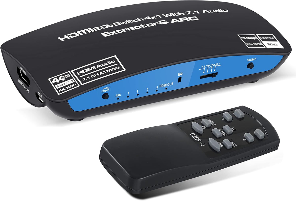 4K@60Hz HDMI Switch 4x1 with 7.1 Audio Extractor, 4 Port HDMI2.0b Switch Box with Optical 5.1CH/3.5mm Audio Out, HDMI Selector Switch with Remote I230