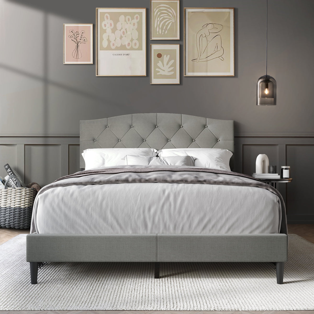 Beige Linen Upholstered Platform Bed R227