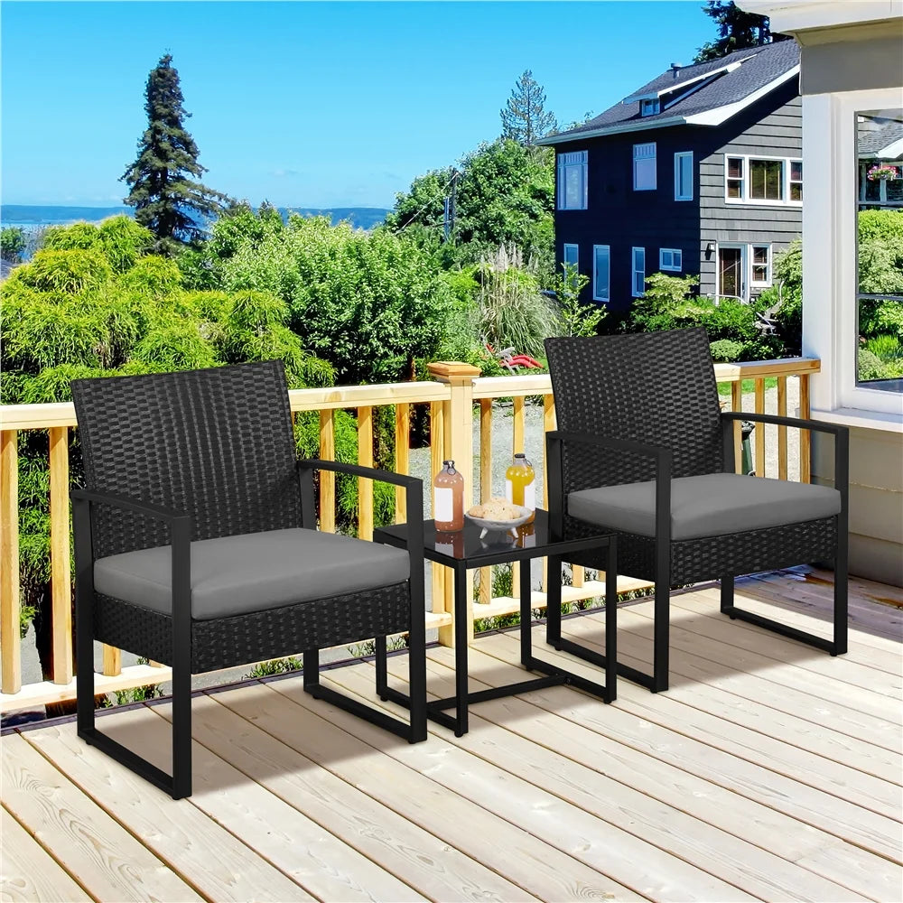 3-piece Patio Rattan Chairs & Table Set with Cushions A8821