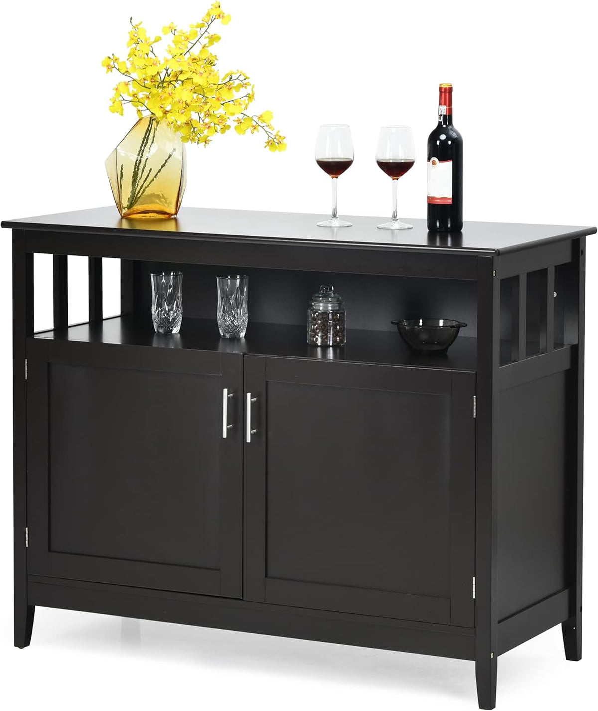 White Buffet Cabinet with Five-Position Adjustable Shelf and Pine Wood Legs, 45 x 20 x 36 inches Y401650