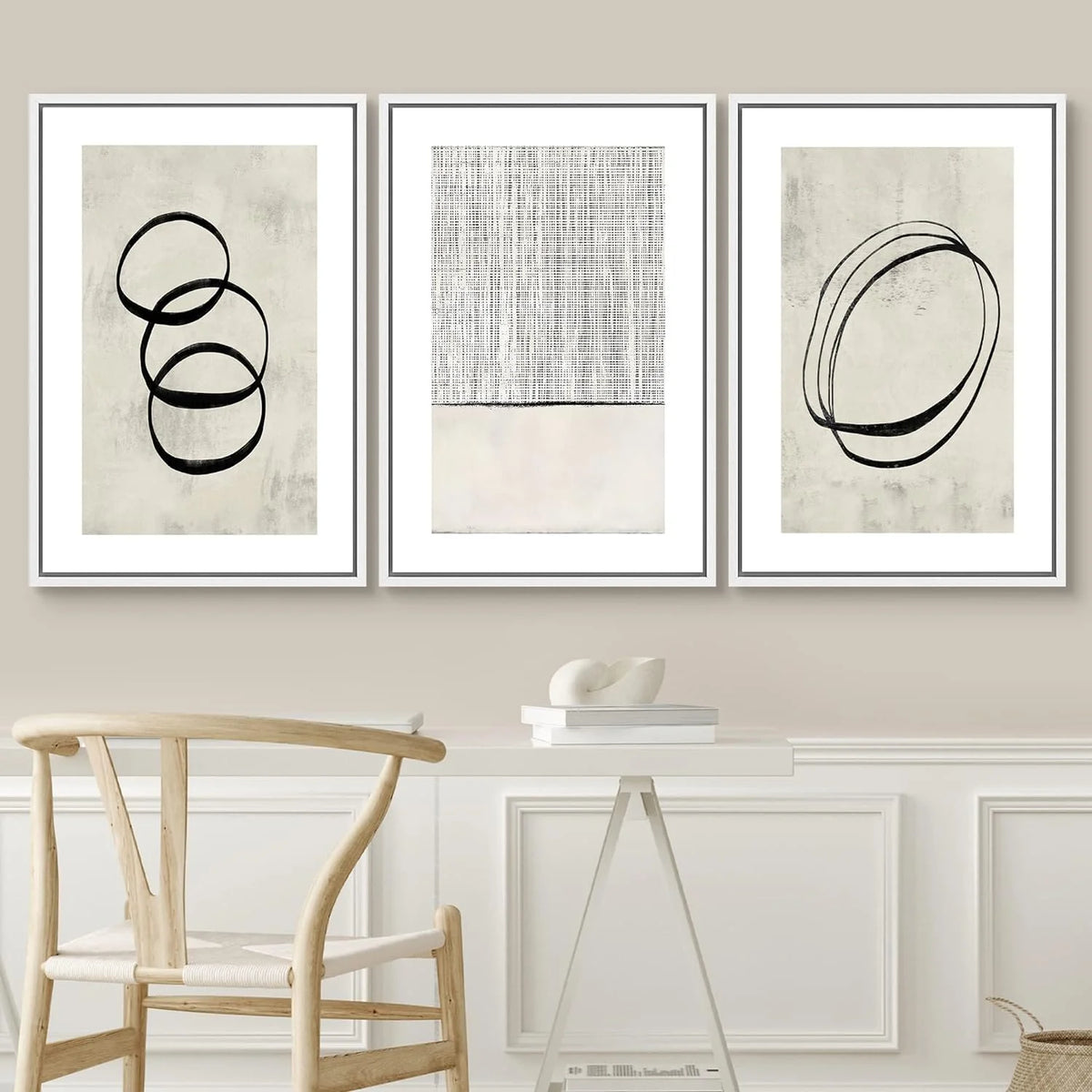 Framed Canvas Print Abstract Modern Art Set 24"x36"x3 White J88042
