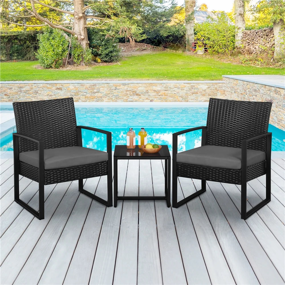 3-piece Patio Rattan Chairs & Table Set with Cushions A8821